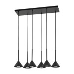 Lampa wisząca Cono w kolorze czarnym z sześcioma kloszami w kształcie stożków, zawieszona na długich kablach. Klosze przeznaczone na żarówki GU10, zamontowane na prostokątnej podstawie. Prosty i nowoczesny design.