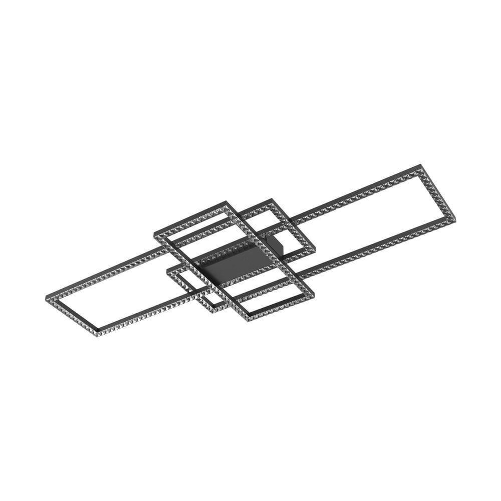 Lampa sufitowa Ervi w kolorze czarnym z pilotem, posiada trzy prostokątne elementy LED. Produkt zamontowany na suficie, ukazany z góry, z wyraźnymi krawędziami i gładką powierzchnią. Wymiary i detale konstrukcyjne nie są widoczne.