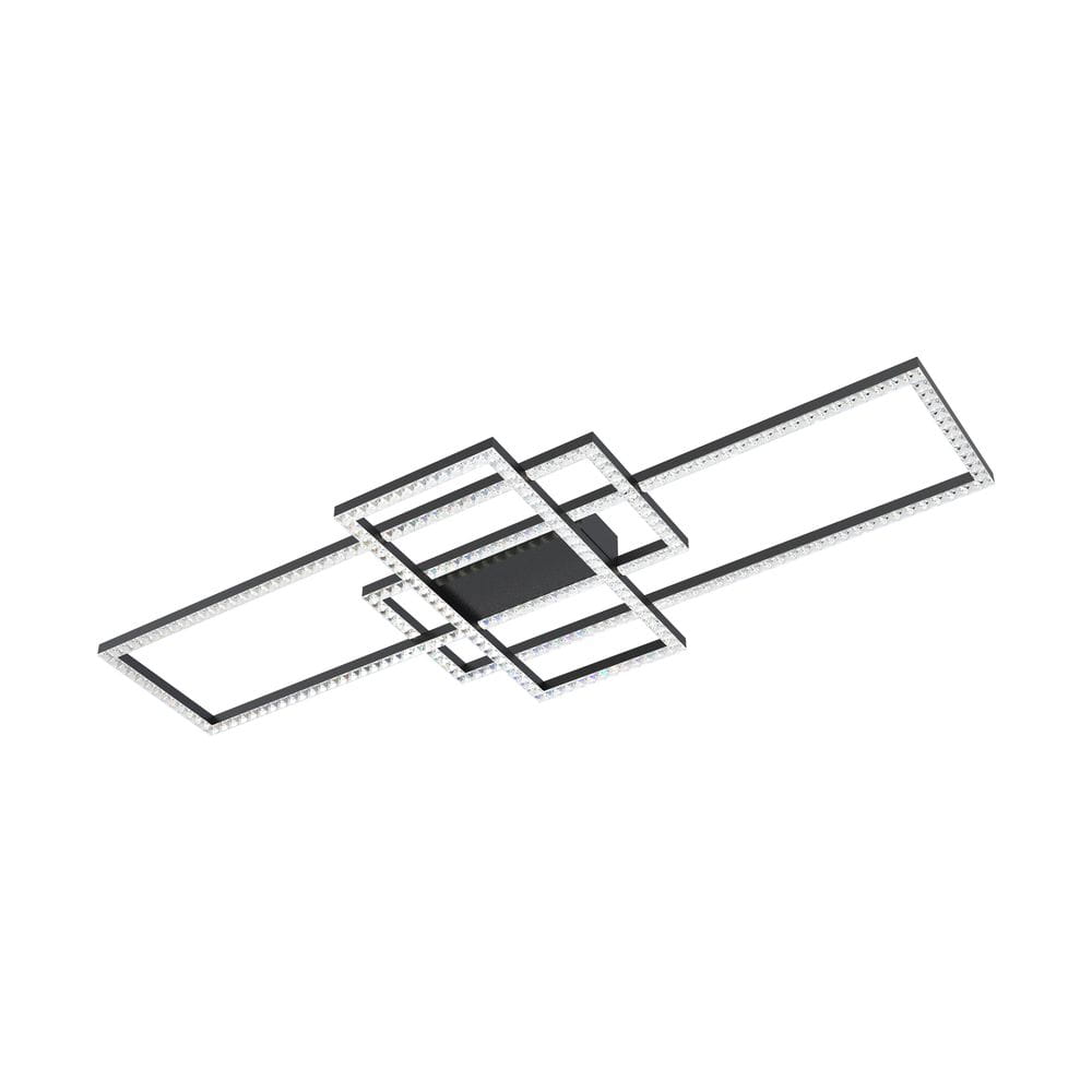 Lampa sufitowa Ervi z pilotem, czarna, z trzema prostokątnymi ramkami LED, o mocy 52W. Ujęcie z góry, pokazujące geometryczny kształt oraz detale diod świetlnych na krawędziach. Idealna do nowoczesnych wnętrz.