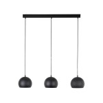 Lampa wisząca Zoe w kolorze czarnym, z trzema okrągłymi kloszami zawieszonymi na cienkich linkach. Klosze mają matową powierzchnię, a całość osadzona jest na prostokątnej, czarnej podstawie.