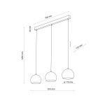 Czarna lampa wisząca Zoe z trzema kulistymi kloszami, każdy o średnicy 170 mm, mocowana na prostokątnej podstawie. Wymiary: długość 810 mm, wysokość 1250 mm, grubość 40 mm. Przeznaczona na trzy źródła światła E27.