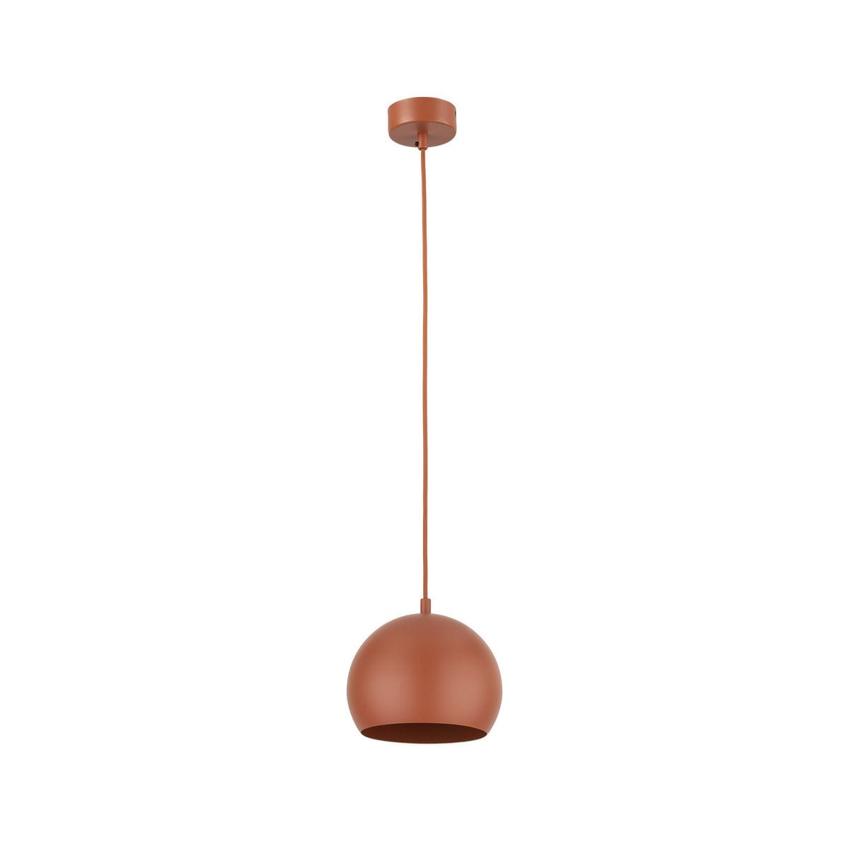 Lampa wisząca Zoe D17 w kolorze ceglastym, z pojedynczym gniazdem E27. Posiada okrągły klosz o matowej fakturze, zawieszony na cienkim przewodzie. Ujęcie frontalne pokazuje całą konstrukcję i jej kształt.