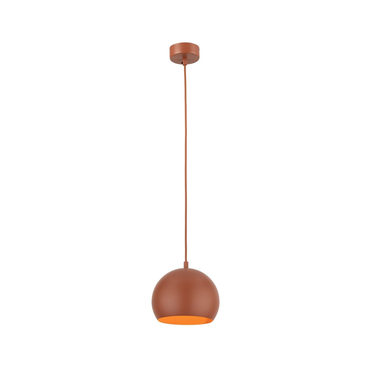 Lampa wisząca Zoe D17 z jednym gwintem E27 w kolorze ceglastym. Okrągła, matowa kula zawieszona na cienkim przewodzie, z widocznym wnętrzem w kolorze pomarańczowym. Ujęcie frontalne, prezentujące lampę w pionie.