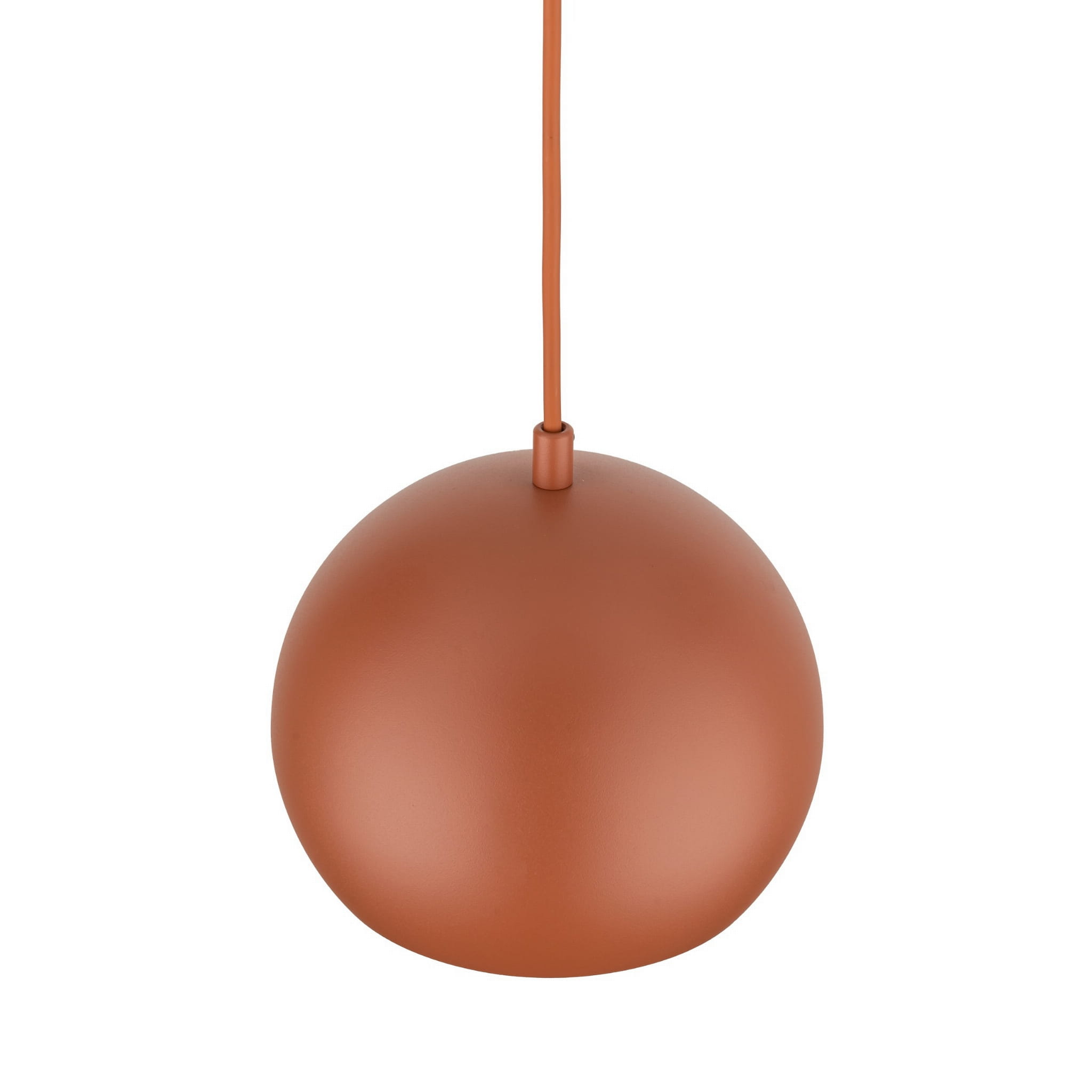 Lampa wisząca Zoe D17 w kolorze ceglastym, wykonana z matowego materiału. Ma okrągły kształt i jest zawieszona na prostym kablu. Przeznaczona do jednej żarówki E27. Tło zdjęcia jest jednolite, co podkreśla design lampy.
