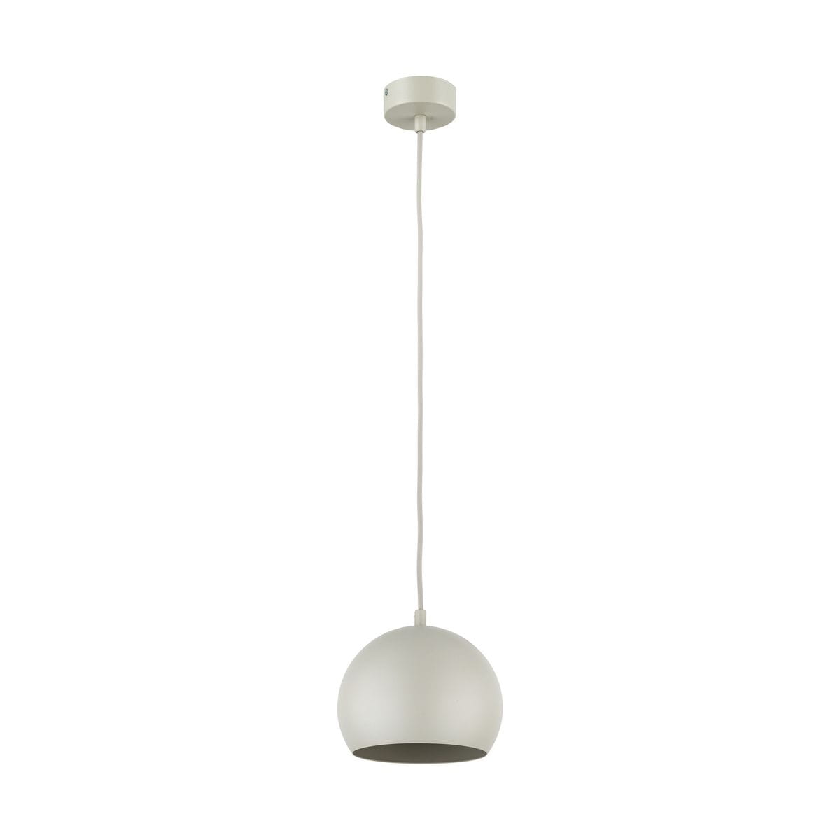 Beżowa lampa wisząca Zoe D17 z mocowaniem sufitowym, z pojedynczym źródłem światła E27. Okrągła klosz w matowym wykończeniu, zawieszona na długim przewodzie, prezentowana na jednolitym tle.