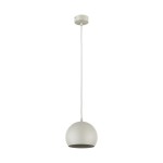 Beżowa lampa wisząca Zoe D17 z mocowaniem sufitowym, z pojedynczym źródłem światła E27. Okrągła klosz w matowym wykończeniu, zawieszona na długim przewodzie, prezentowana na jednolitym tle.