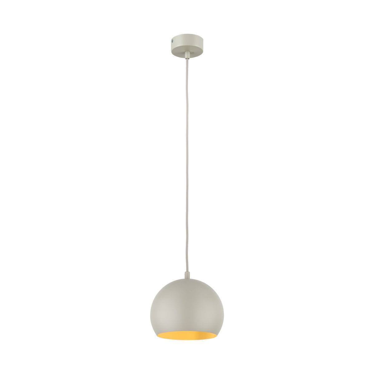 Beżowa lampa wisząca Zoe D17 z jedną oprawą E27. Okrągła, matowa czasza z widocznym złotym wnętrzem. Zawieszona na białym przewodzie i metalowym uchwycie. Prosta, elegancka forma, idealna do nowoczesnych wnętrz.