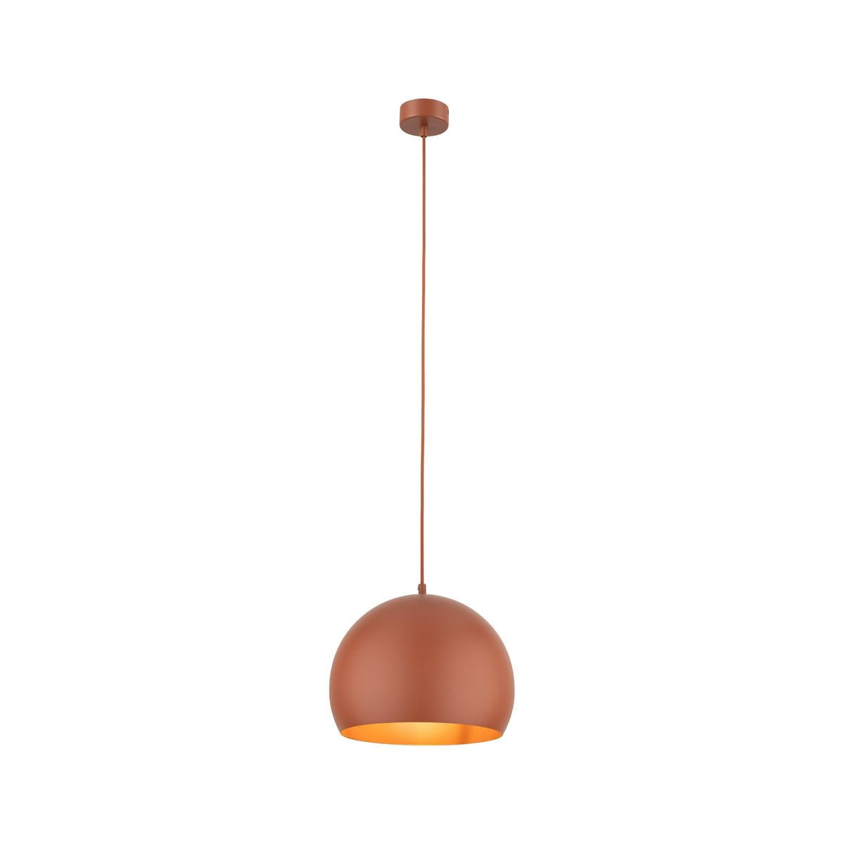 Lampa wisząca Zoe D27 w kolorze ceglastym, z jedną oprawą E27. Okrągła, matowa czasza zawieszona na cienkim przewodzie, montowana do sufitu. Wnętrze czaszy w jasnym kolorze dla lepszego rozproszenia światła.