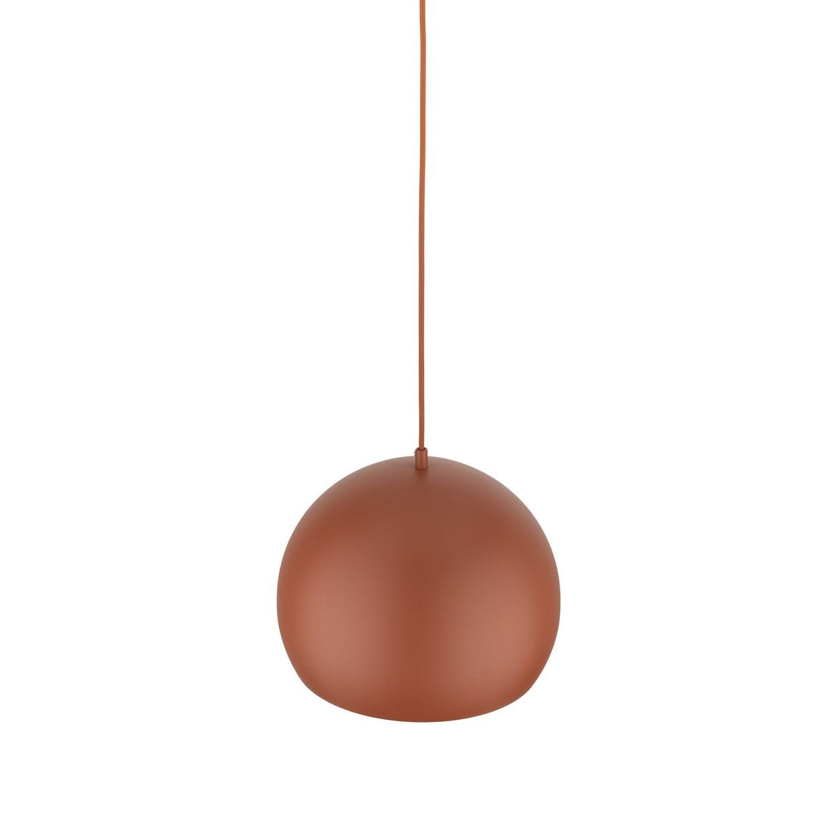 Lampa wisząca Zoe D27 w kolorze ceglastym, o okrągłym kształcie, wykonana z matowego materiału. Zawieszona na długim przewodzie, przeznaczona na jedną żarówkę E27. Prosty, nowoczesny design, idealna do różnych aranżacji wnętrz.