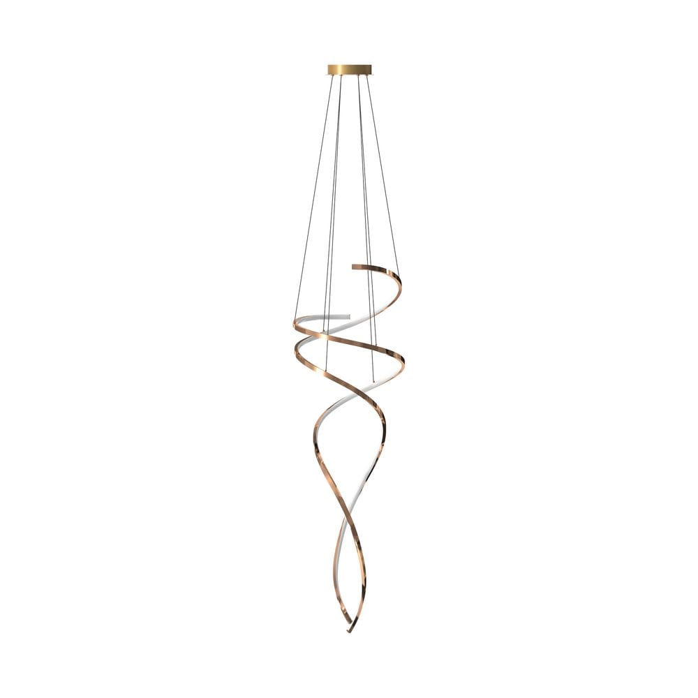 Lampa wisząca Coco w kolorze złotym, z pilotem, z dwoma źródłami LED o mocy 68W. Posiada spiralny kształt, zawieszona na cienkich żyłkach, z eleganckim, minimalistycznym designem. Idealna do nowoczesnych wnętrz.