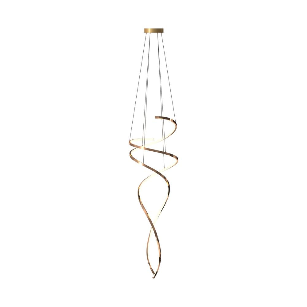 Lampa wisząca Coco w kolorze złotym, z oprawą w kształcie spirali. Posiada dwa źródła światła LED o łącznej mocy 68W. Zawieszona na cienkich linkach, idealna do nowoczesnych wnętrz. W zestawie pilot do zdalnego sterowania.