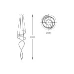 Lampa wisząca Coco w kolorze złotym z pilotem, posiadająca dwa źródła światła LED o mocy 68W. Ma spiralny kształt, wymiary 200 cm wysokości i średnicę 53 cm. Widok z boku oraz z góry, pokazujący unikalny design.