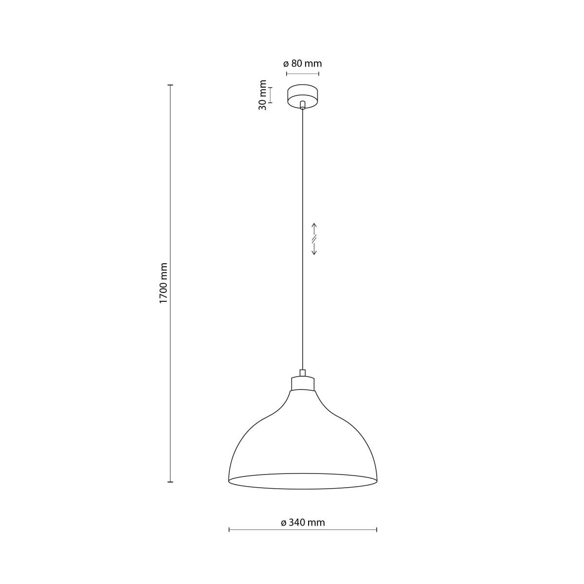 Lampa wisząca Cap w kolorze ceglanym, z mocowaniem na żarówkę E27. Okrągły klosz o średnicy 340 mm zawieszony na kabelku o długości 1700 mm. U góry znajduje się okrągła podsufitka o średnicy 80 mm i wysokości 30 mm.