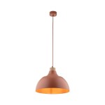 Lampa wisząca Cap z kloszem w ceglastej barwie, z metalowym wykończeniem i drewnianym detalem. Zawieszona na długim kablu, ma okrągły kształt z otwartym dnem, co umożliwia emisję światła w dół. Zasilana żarówką E27.