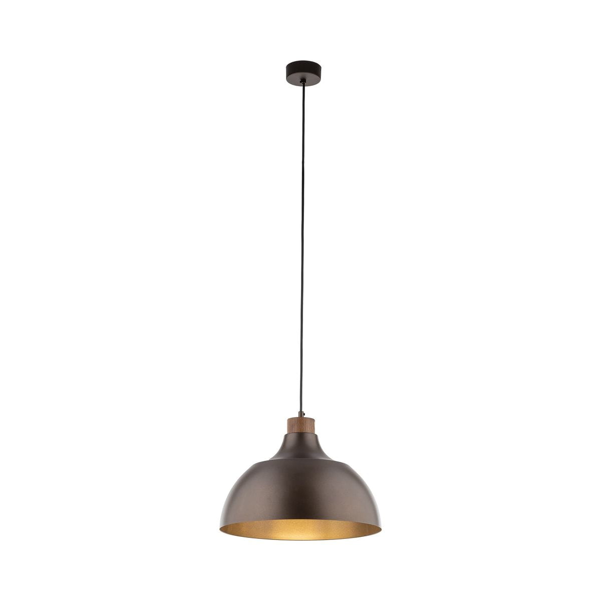 Brązowa lampa wisząca Cap z oprawą na jedną żarówkę E27. Posiada metalowy klosz o półkulistym kształcie z matowym wykończeniem, wewnątrz w kolorze złotym. Zawieszona na cienkim czarnym przewodzie.