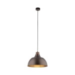 Brązowa lampa wisząca Cap z oprawą na jedną żarówkę E27. Posiada metalowy klosz o półkulistym kształcie z matowym wykończeniem, wewnątrz w kolorze złotym. Zawieszona na cienkim czarnym przewodzie.