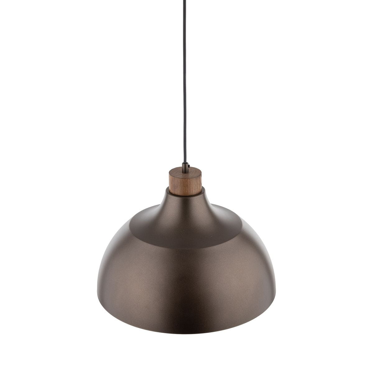 Lampa wisząca Cap w kolorze brązowym, z metalowym kloszem o zaokrąglonym kształcie i drewnianym elementem u góry. Zawieszona na czarnym przewodzie, przeznaczona na żarówkę E27.