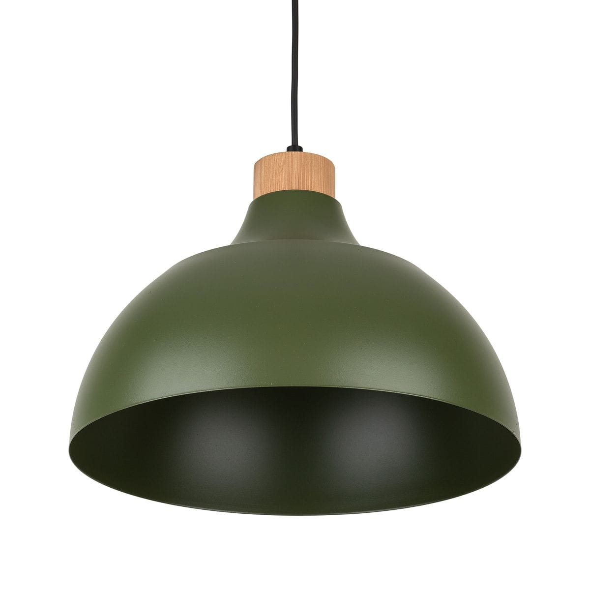 Lampa wisząca Cap 1xE27 w kolorze zielonym, o zaokrąglonym kształcie z matowym wykończeniem. Górna część z naturalnego drewna, zwisająca na czarnym przewodzie. Widoczny wnętrze w ciemnym odcieniu, w pozycji wiszącej.