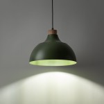 Lampa wisząca Cap w kolorze zielonym z metalowym kloszem o zaokrąglonym kształcie, z drewnianym elementem u góry. Oświetlenie skierowane w dół, stworzone dla żarówki E27. Tło w neutralnym odcieniu szarości.