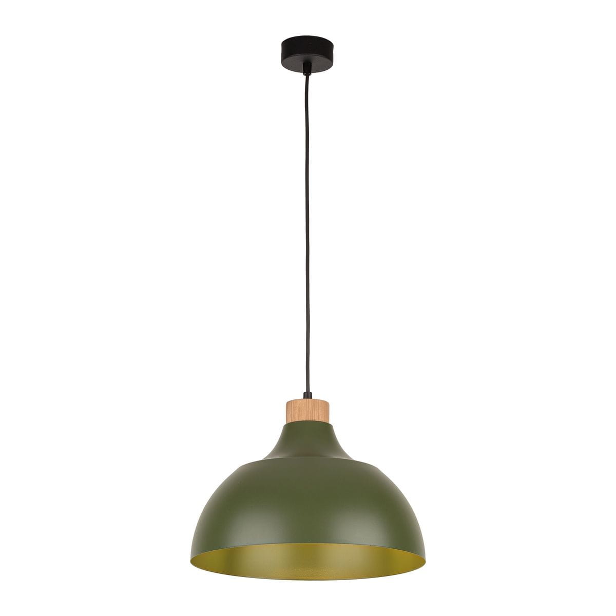 Lampa wisząca Cap 1xE27 w zielonym kolorze z metalowym kloszem i drewnianym detalem. Zawieszona na czarnym przewodzie, w formie półkulistej, z wewnętrzną złotą powłoką. Idealna do nowoczesnych wnętrz.