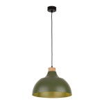Lampa wisząca Cap 1xE27 w zielonym kolorze z metalowym kloszem i drewnianym detalem. Zawieszona na czarnym przewodzie, w formie półkulistej, z wewnętrzną złotą powłoką. Idealna do nowoczesnych wnętrz.