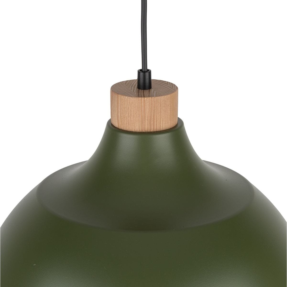 Lampa wisząca Cap w kolorze zielonym z kloszem o matowej powierzchni i drewnianym wykończeniem na górze. Klosz ma zaokrąglony kształt, zawieszona na czarnym przewodzie. Idealna do nowoczesnych wnętrz.