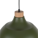 Lampa wisząca Cap w kolorze zielonym z kloszem o matowej powierzchni i drewnianym wykończeniem na górze. Klosz ma zaokrąglony kształt, zawieszona na czarnym przewodzie. Idealna do nowoczesnych wnętrz.