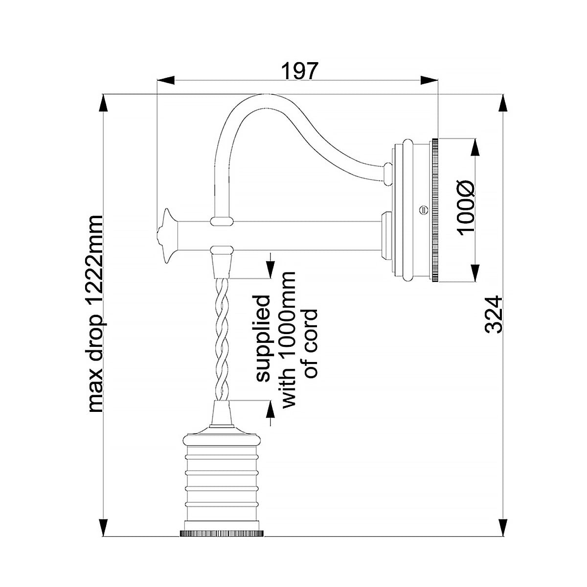 Kinkiet Douille 1xE27 w polerowanym niklu, z prostym ramieniem, wysokością 324 mm i szerokością 197 mm. Oferuje maksymalne zawieszenie 1222 mm, z 1000 mm skręconego przewodu. Elegant w minimalistycznym stylu, idealny do nowoczesnych wnętrz.