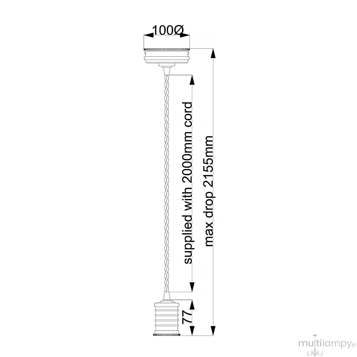 Lampa wisząca Douille z oprawą na żarówkę E27 w kolorze czarnym. Wymiary: średnica 100 mm, wysokość 77 mm, długość kabla 2000 mm, maksymalne zawieszenie 2155 mm. Prosta konstrukcja z teksturowanym kablem.