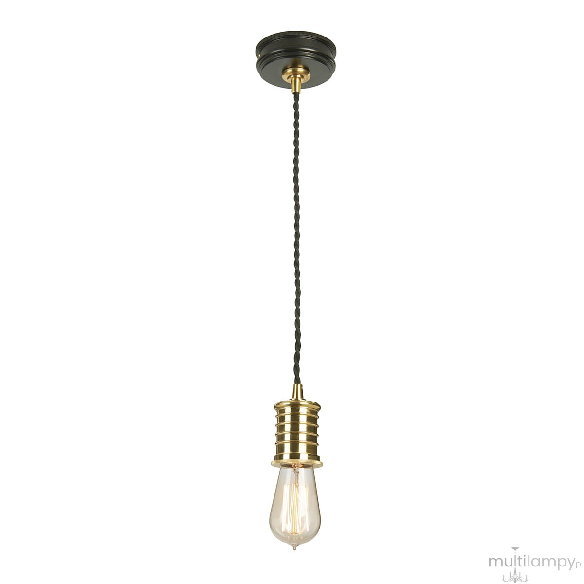 Lampa wisząca Douille z jednym gniazdem E27, czarna, z metalowym kloszem w kolorze złotym. Posiada skręcony przewód, zawieszona na stropie, w stylu industrialnym. Idealna do nowoczesnych wnętrz.