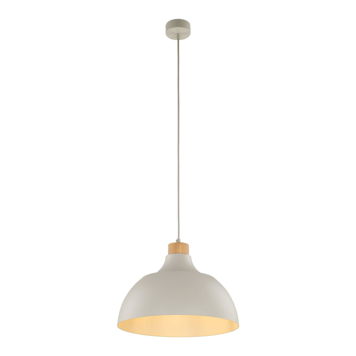 Beżowa lampa wisząca Cap z jedną oprawą E27. Posiada szeroką, półkulistą klosz z matowego materiału oraz drewniany element na łączeniu z przewodem. Zawieszona na długim, białym kablu, idealna do nowoczesnych wnętrz.