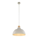 Beżowa lampa wisząca Cap z jedną oprawą E27. Posiada szeroką, półkulistą klosz z matowego materiału oraz drewniany element na łączeniu z przewodem. Zawieszona na długim, białym kablu, idealna do nowoczesnych wnętrz.