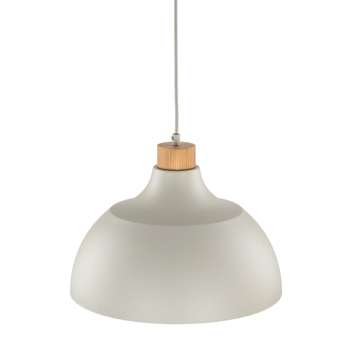Lampa wisząca Cap w kolorze beżowym, z ceramicznym kloszem o gładkiej fakturze i drewnianym uchwytem. Zawieszona na białym przewodzie, o kształcie stożka, typ E27. Idealna do nowoczesnych wnętrz.