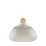 Lampa wisząca Cap w kolorze beżowym, z ceramicznym kloszem o gładkiej fakturze i drewnianym uchwytem. Zawieszona na białym przewodzie, o kształcie stożka, typ E27. Idealna do nowoczesnych wnętrz.