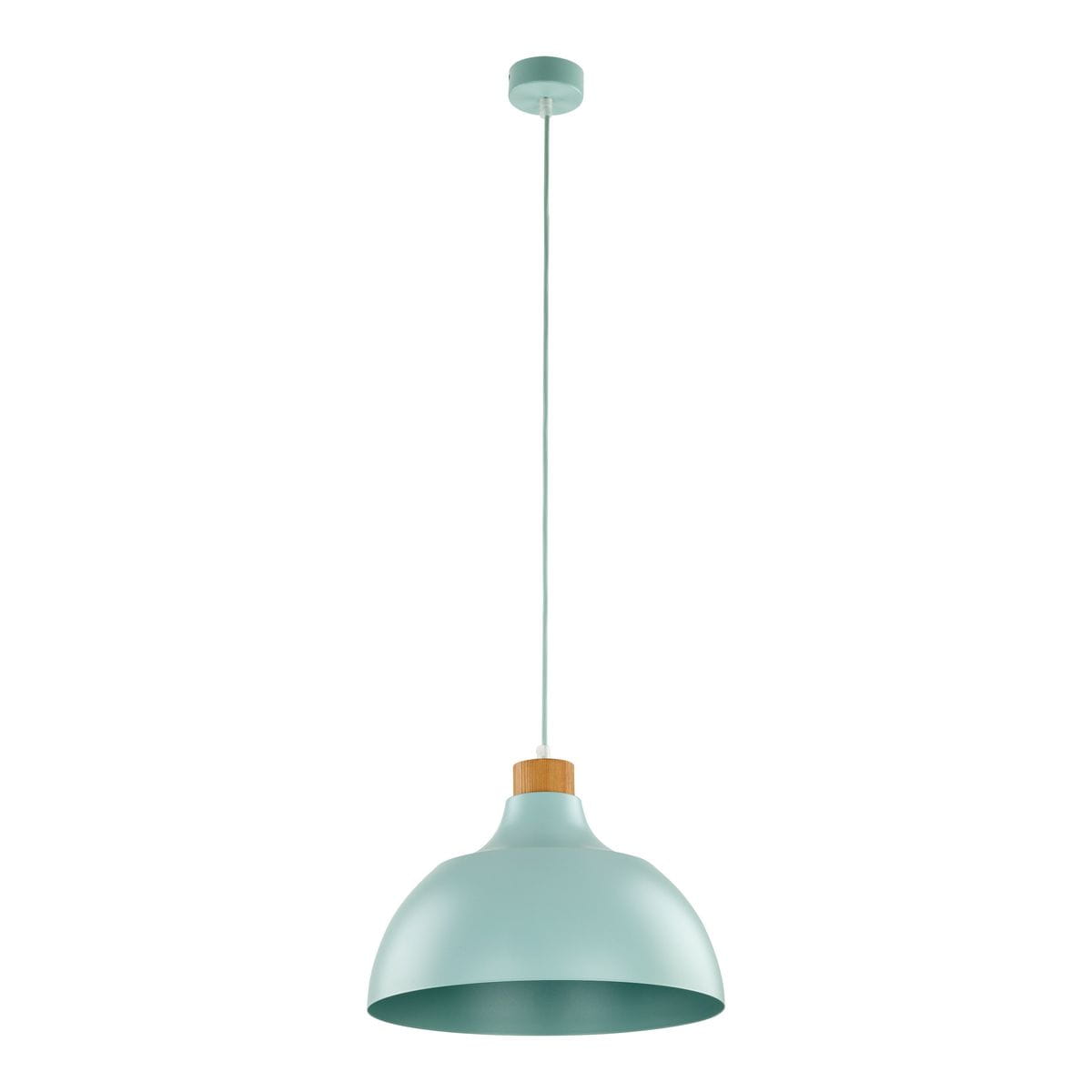 Lampa wisząca Cap w kolorze miętowym z oprawą E27. W kształcie stożkowym, z drewnianym wykończeniem w górnej części. Zawieszona na cienkim przewodzie, idealna do nowoczesnych wnętrz.
