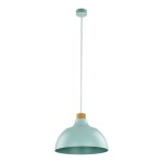 Lampa wisząca Cap w kolorze miętowym z oprawą E27. W kształcie stożkowym, z drewnianym wykończeniem w górnej części. Zawieszona na cienkim przewodzie, idealna do nowoczesnych wnętrz.