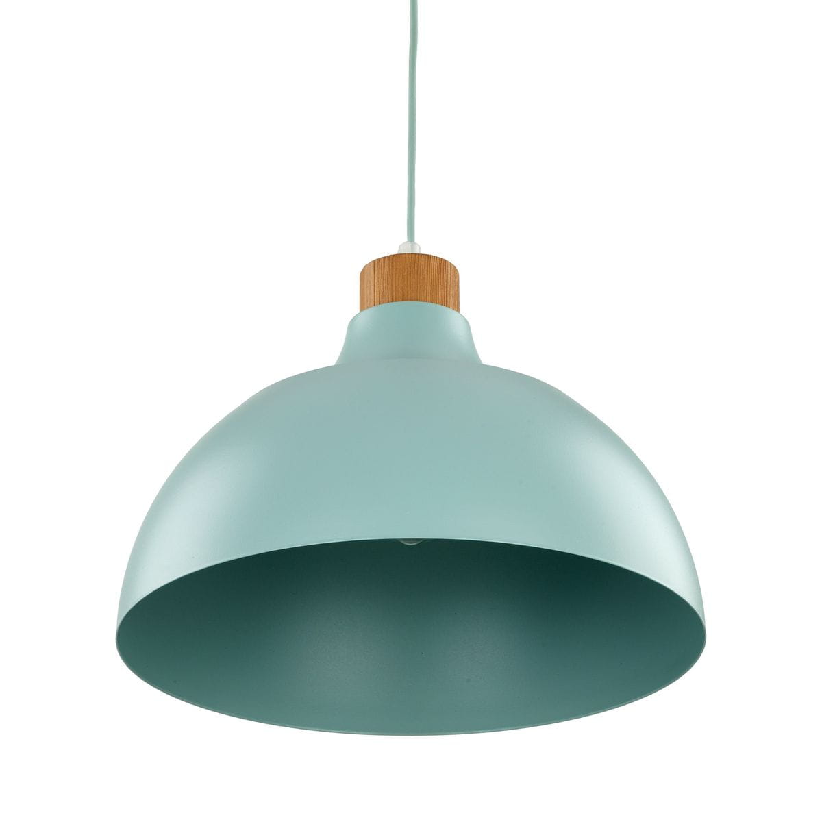 Lampa wisząca w kolorze miętowym z metalowym kloszem o półkulistym kształcie i drewnianym mocowaniem. Zawieszona na cienkim kablu, przeznaczona na żarówkę E27. Oświetlenie w stylu nowoczesnym.