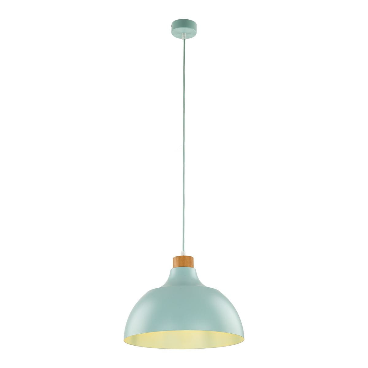 Lampa wisząca Cap w kolorze miętowym z kloszem w kształcie stożka, z drewnianym detalem u podstawy. Zawieszona na cienkim przewodzie, idealna do nowoczesnych wnętrz. Wewnątrz złota powłoka, co dodaje ciepłego światła.