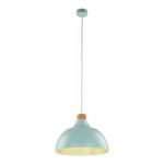 Lampa wisząca Cap w kolorze miętowym z kloszem w kształcie stożka, z drewnianym detalem u podstawy. Zawieszona na cienkim przewodzie, idealna do nowoczesnych wnętrz. Wewnątrz złota powłoka, co dodaje ciepłego światła.