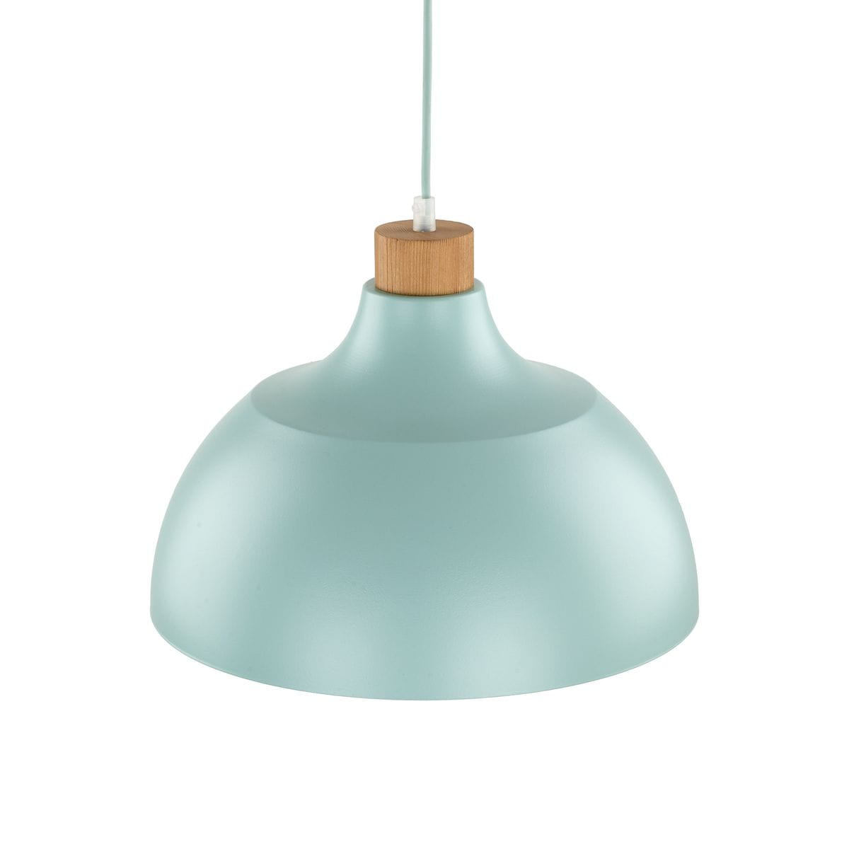 Lampa wisząca w kolorze miętowym z kloszem o zaokrąglonym kształcie, wykonana z matowego materiału. U góry drewniana oprawa E27. Produkt zawieszony na cienkim przewodzie, widoczny w zbliżeniu.