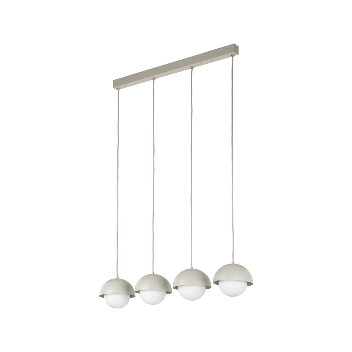 Lampa wisząca Bono w kolorze beżowym, z czterema kloszami w kształcie półkul, zawieszona na prostokątnym stelażu. Klosze wykonane z matowego materiału, z białymi szklanymi elementami. Produkt zawiera mocowanie na żarówki G9.