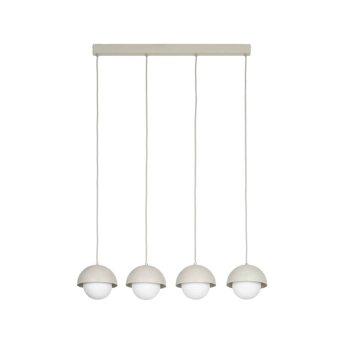 Lampa wisząca Bono w kolorze beżowym z czterema kloszami G9. Klosze mają półkolisty kształt, wykonane z matowego materiału, zawieszone na długich przewodach. Całość montowana do sufitu za pomocą prostokątnej podstawy.