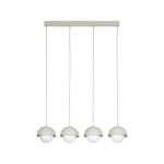 Lampa wisząca Bono w kolorze beżowym z czterema kloszami G9. Klosze mają półkolisty kształt, wykonane z matowego materiału, zawieszone na długich przewodach. Całość montowana do sufitu za pomocą prostokątnej podstawy.