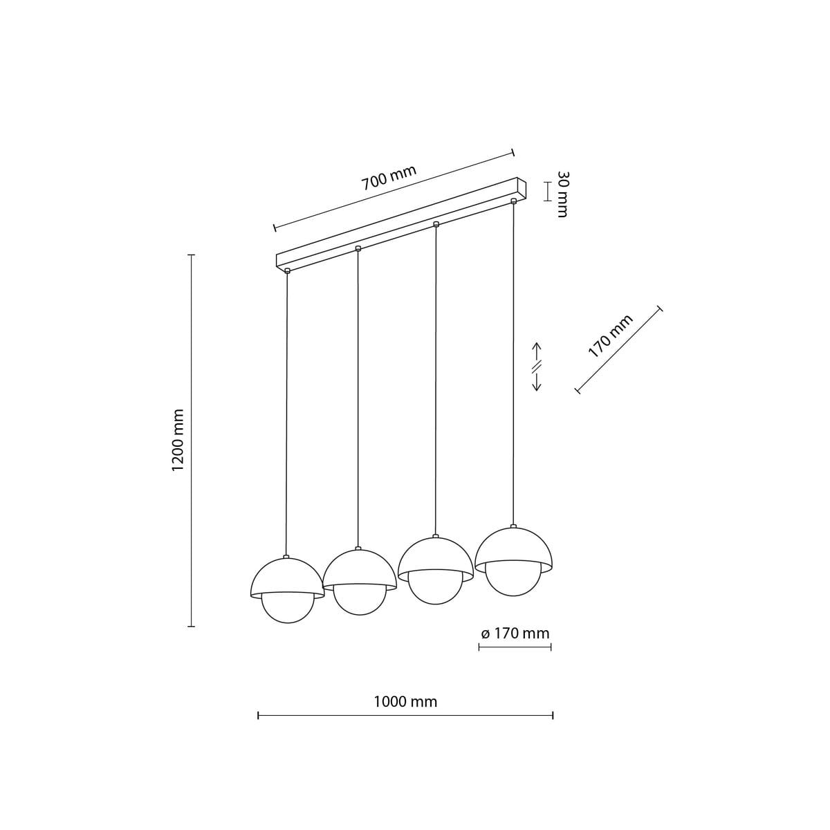 Lampa wisząca Bono w kolorze beżowym, z czterema okrągłymi kloszami o średnicy 170 mm, zawieszona na prostokątnej podstawie. Wymiary: długość 1000 mm, wysokość całkowita 1200 mm, klosze zawieszone na linkach o długości 170 mm.