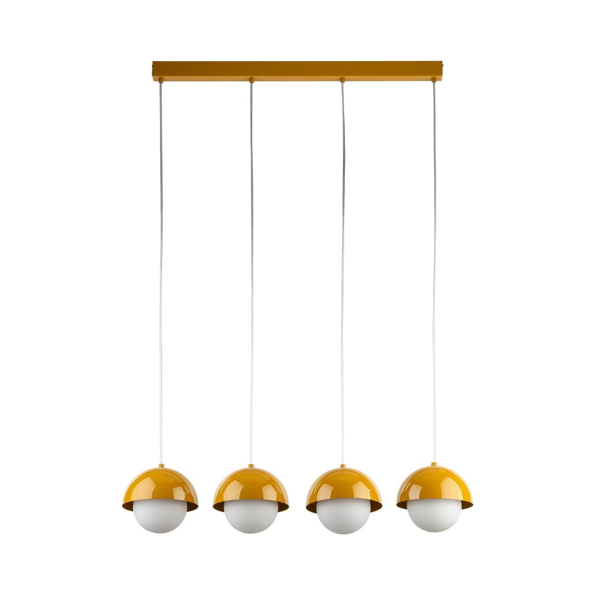 Lampa wisząca Bono z czterema kulistymi kloszami w kolorze ochry z białymi dolnymi częściami. Klosze zawieszone na białych linkach, przymocowane do prostokątnej, metalowej podstawy w tym samym kolorze.