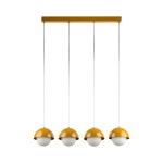 Lampa wisząca Bono z czterema kulistymi kloszami w kolorze ochry z białymi dolnymi częściami. Klosze zawieszone na białych linkach, przymocowane do prostokątnej, metalowej podstawy w tym samym kolorze.