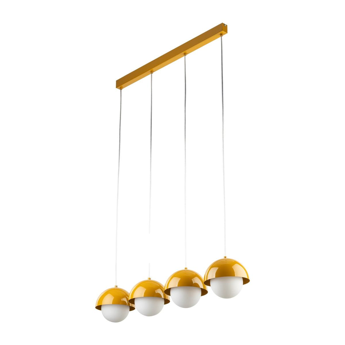Lampa wisząca Bono 4xG9 w kolorze ochry. Składa się z czterech okrągłych kloszy z białym szkłem, zawieszonych na cienkich, białych kablach. Górna część lampy ma prostokątny, metalowy stelaż w kolorze żółtym.