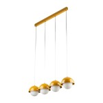Lampa wisząca Bono 4xG9 w kolorze ochry. Składa się z czterech okrągłych kloszy z białym szkłem, zawieszonych na cienkich, białych kablach. Górna część lampy ma prostokątny, metalowy stelaż w kolorze żółtym.
