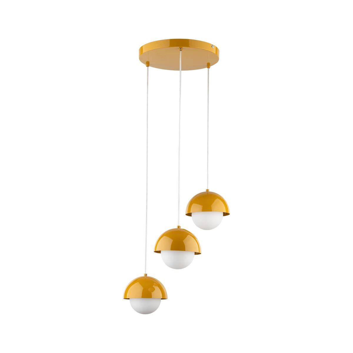 Lampa wisząca Bono 3xG9 w kolorze ochry z trzema owalnymi kloszami, z górną częścią w błyszczącym żółtym kolorze i dolną w białym, zawieszona na cienkich linkach z okrągłym mocowaniem sufitowym. Idealna do nowoczesnych wnętrz.