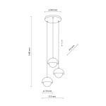 Lampa wisząca Bono 3xG9 w kolorze ochra, składająca się z trzech kulistych kloszy o średnicy 170 mm, zawieszona na równych linkach, z okrągłym sufitem o średnicy 300 mm. Wysokość całkowita wynosi 1400 mm, a długość linki to 315 mm.